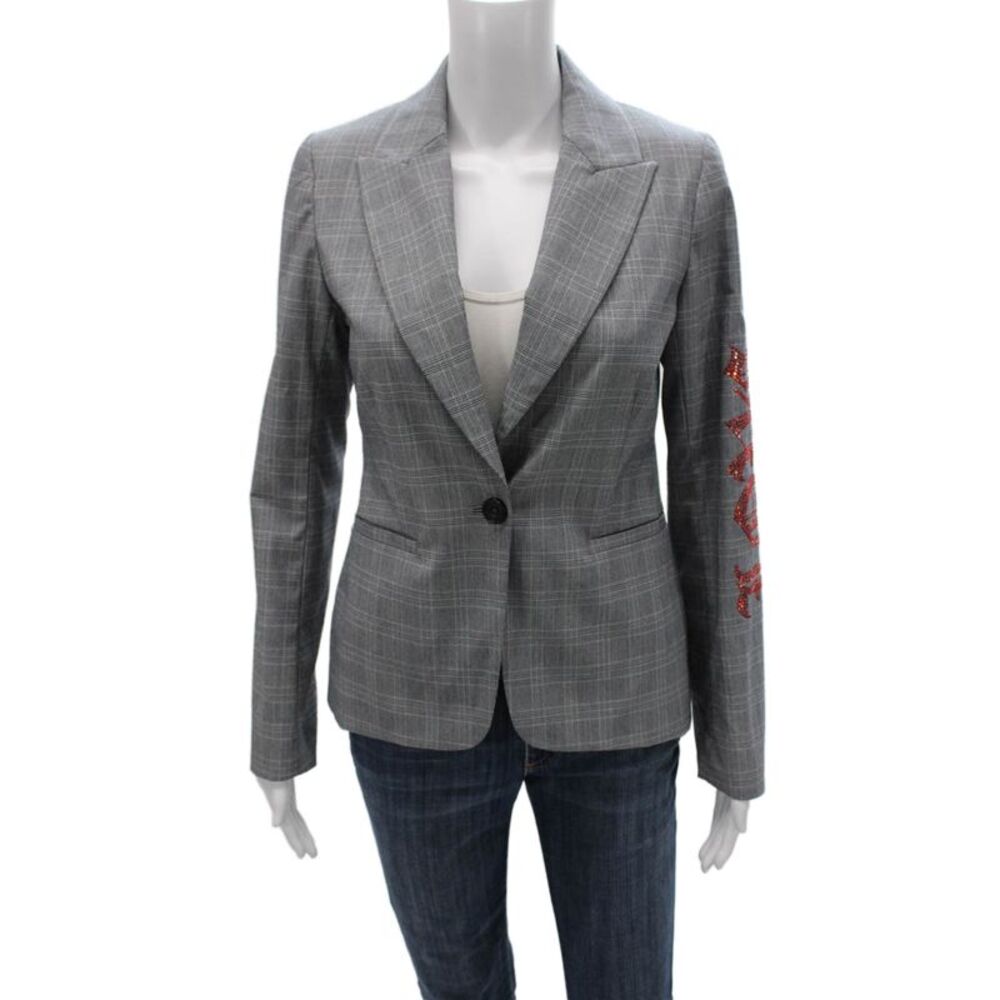 Hipchik Couture Women Gray Plaid Basic Jacket Button Long Sleeve Size 2